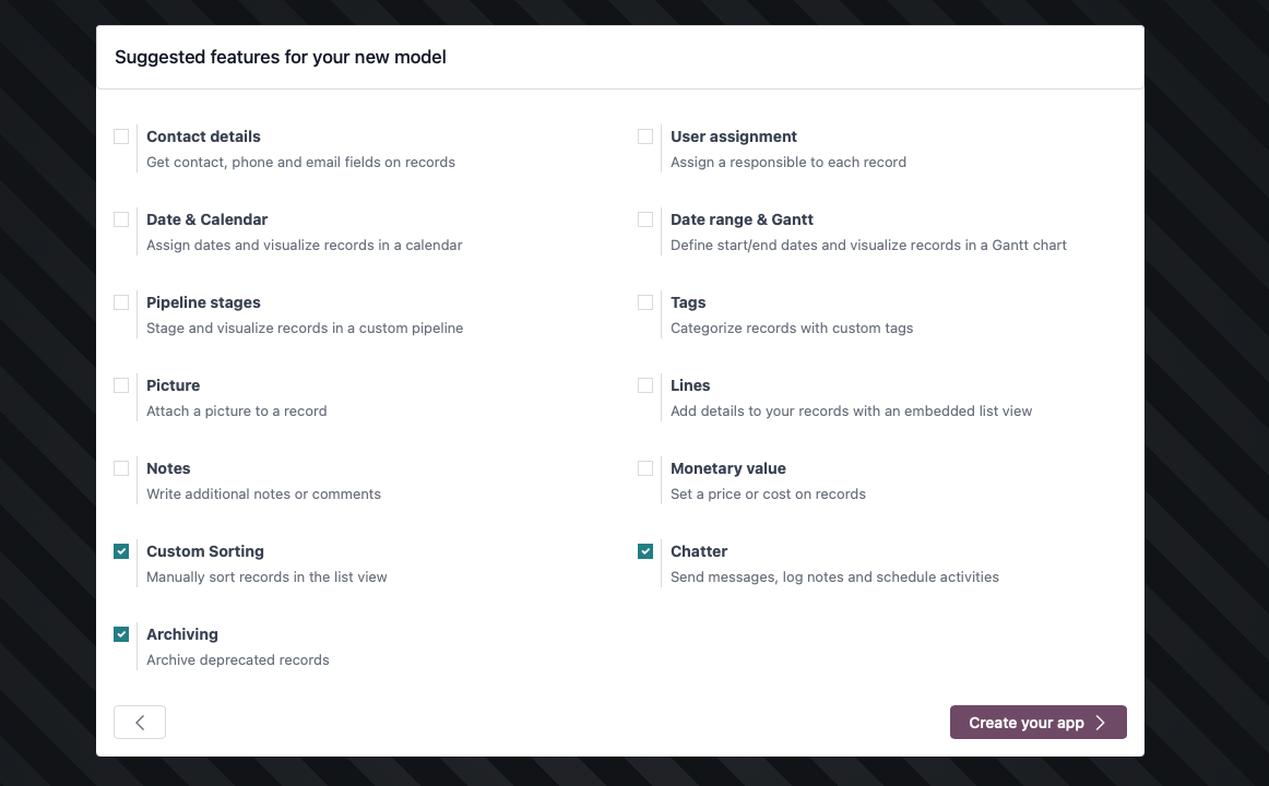 Capture d'écran de la création d'une nouvelle application avec sélection d'éléments à intégrer dans cette application Odoo
