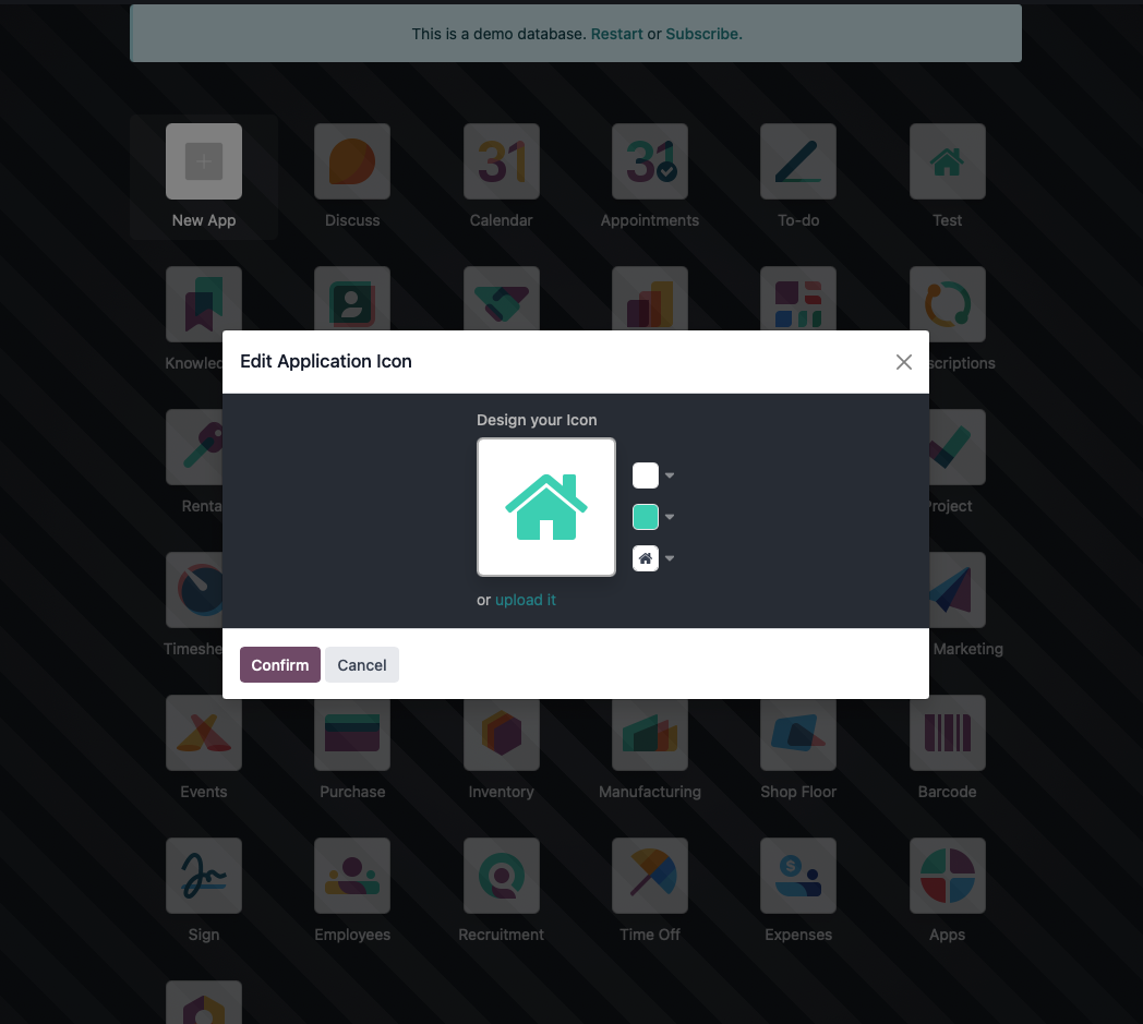 Capture d'écran de la personnalisation de la nouvelle icône de l'application Odoo créée avec Odoo Studio. L'application a pour le moment une icône en forme de maison turquoise sur un fond blanc.