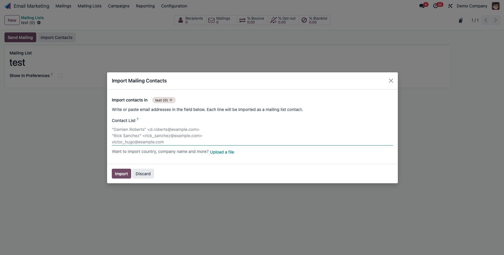 Capture d'écran de la fenêtre d'import de contacts dans une liste de diffusion