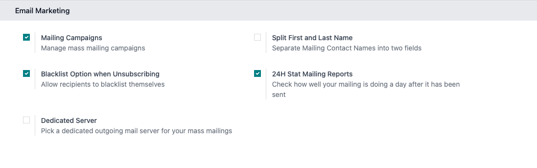 Capture d'écran des configuration d'e-mail marketing odoo