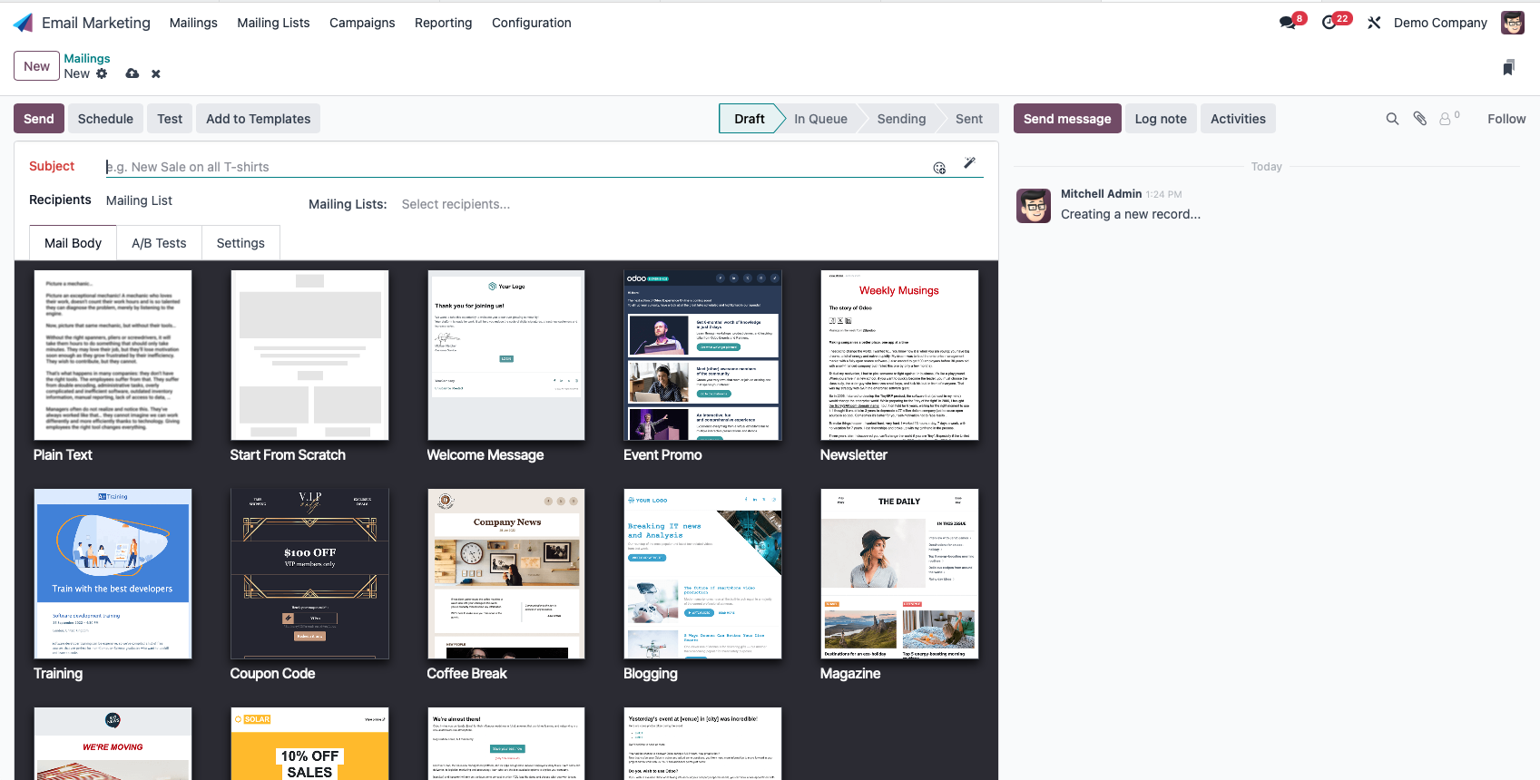Capture d'écran de la création d'un mail et du choix du template de ce mail Odoo