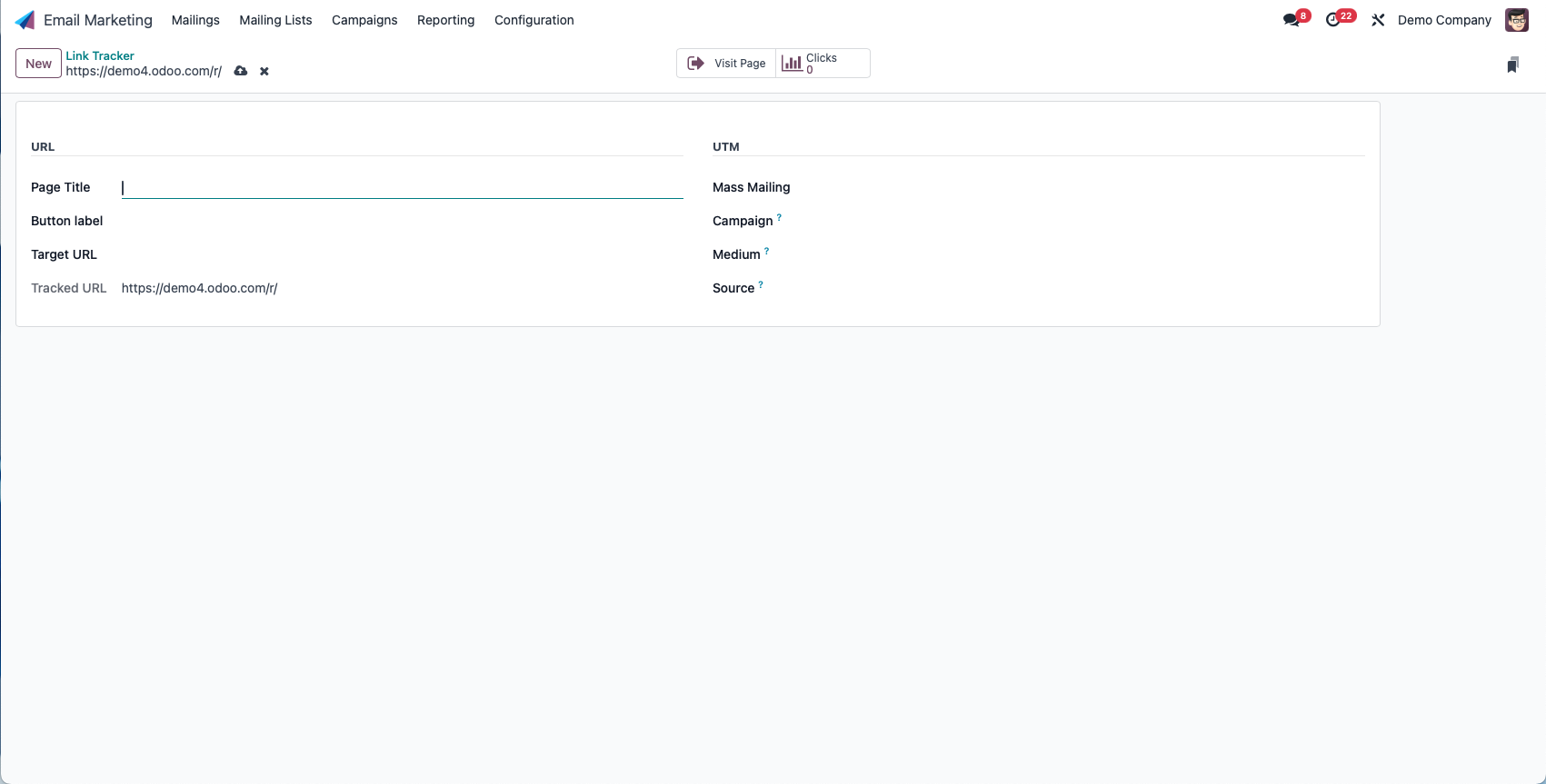 Capture d'écran de la page de création d'un lien tracké sur Odoo