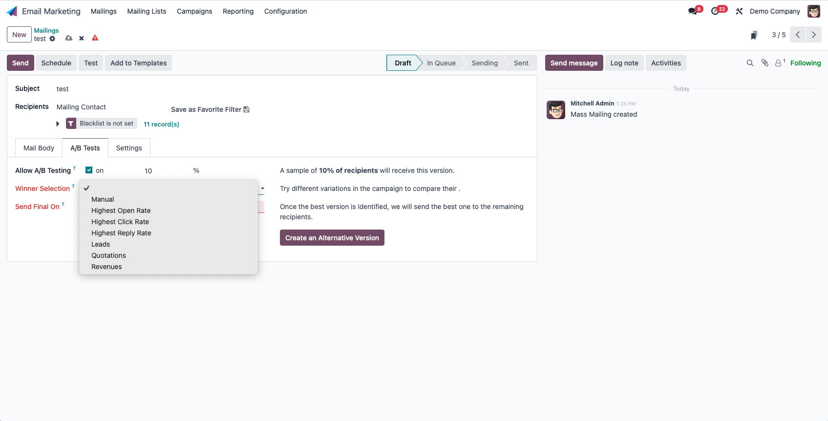 Capture d'écran de la création d'un test A/B sur l'application email marketing Odoo